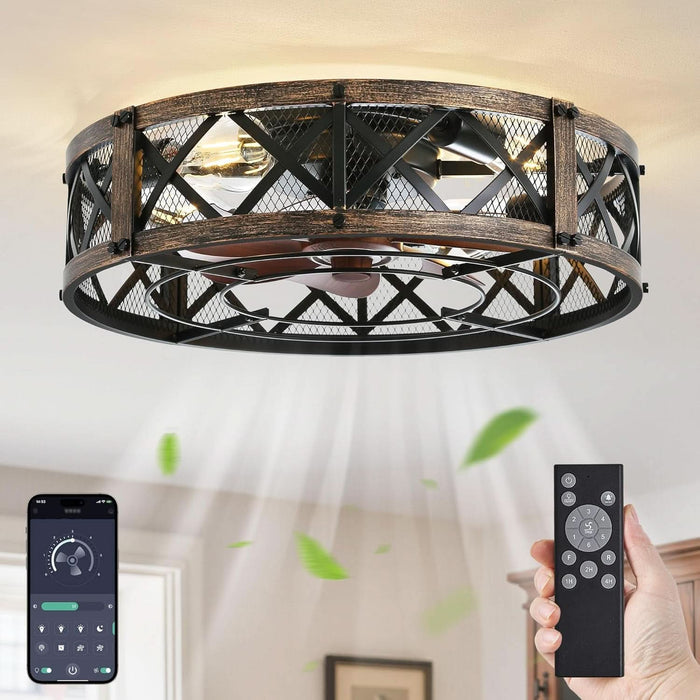 20" Caged Ceiling Fan with Light, App&Remote Control, Small Flush Mount Farmhouse Fan Lights, Low Profile Rustic Bladeless Ceiling Fan Fixtures for Bedroom, Kitchen-Black Gold Color