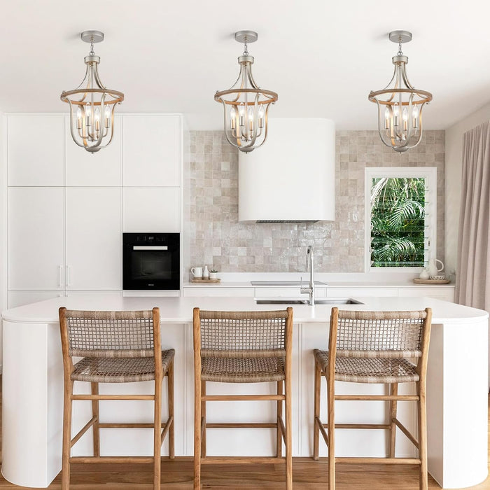 12.6" Modern Chandelier Farmhouse 4 Light Geometric Cage Pendant Hanging Lighting Fixture Adjustable Height Brushed Nickel and Wood Grain Finish for Dining Room Living Room Foyer