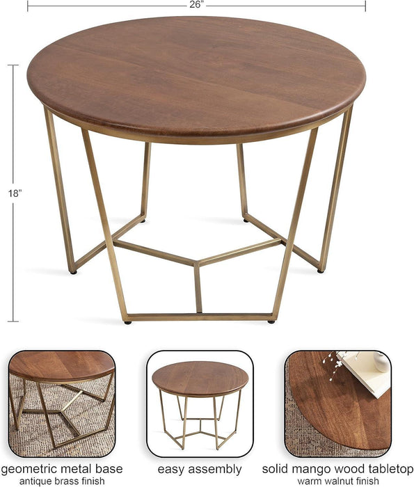 Solvay Mid-Century round Coffee Table; 26 X 26 X 18; Walnut Brown and Antique Brass; Sophisticated Modern Circle Table for Storage and Display