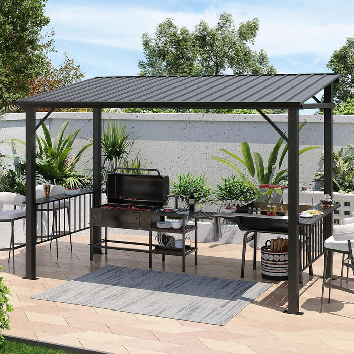 12X6Ft Hardtop Gazebo, All-Weather Outdoor BBQ Canopy with Sloping Steel Roof, Grill Gazebo with 2 Side Shelves & Hooks, Permanent Metal Gazebo for Patio, Backyard, Deck