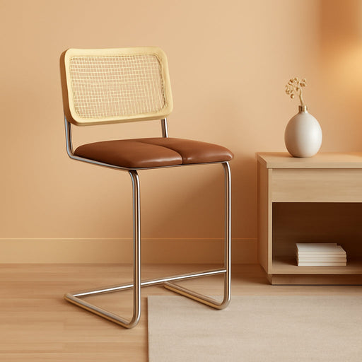 Counter Height Bar Stools Set of 2, Upholstered PU Leather Barstools with Rattan Back, 24 Inch Stools Armless Bar Chairs for Kitchen Island(Brown)