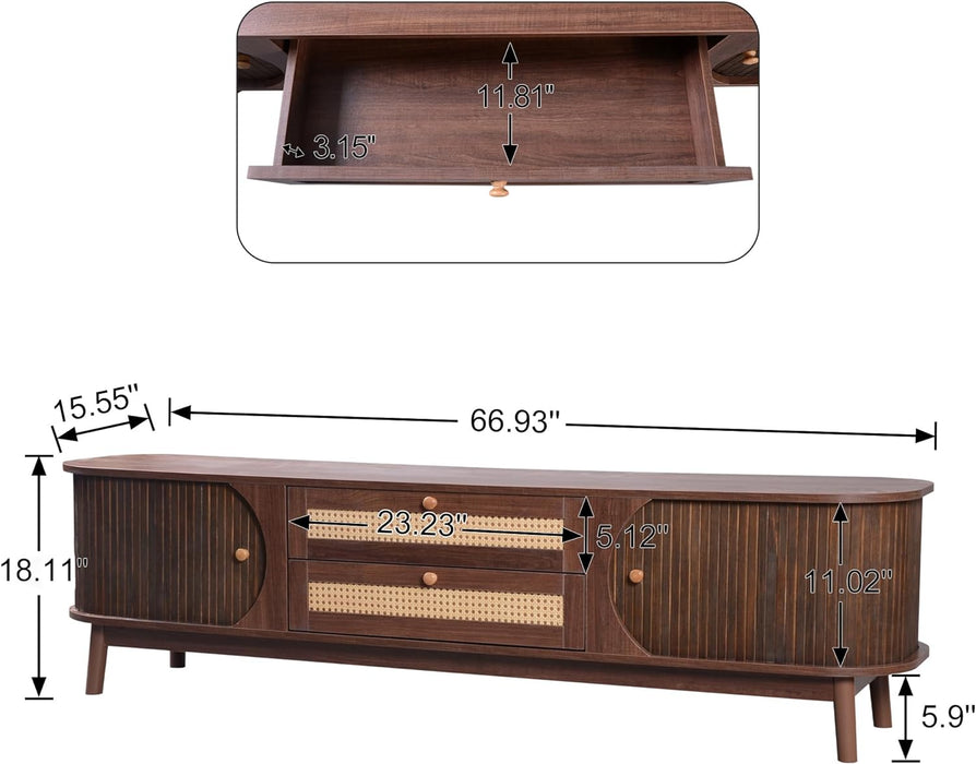 Modern Fluted TV Stand for 75" Tvs, Mid-Century Entertainment Center Tambour Door Media Console TV Cabinet with Rattan-Front Drawer for Living Room, Curved Profile Design
