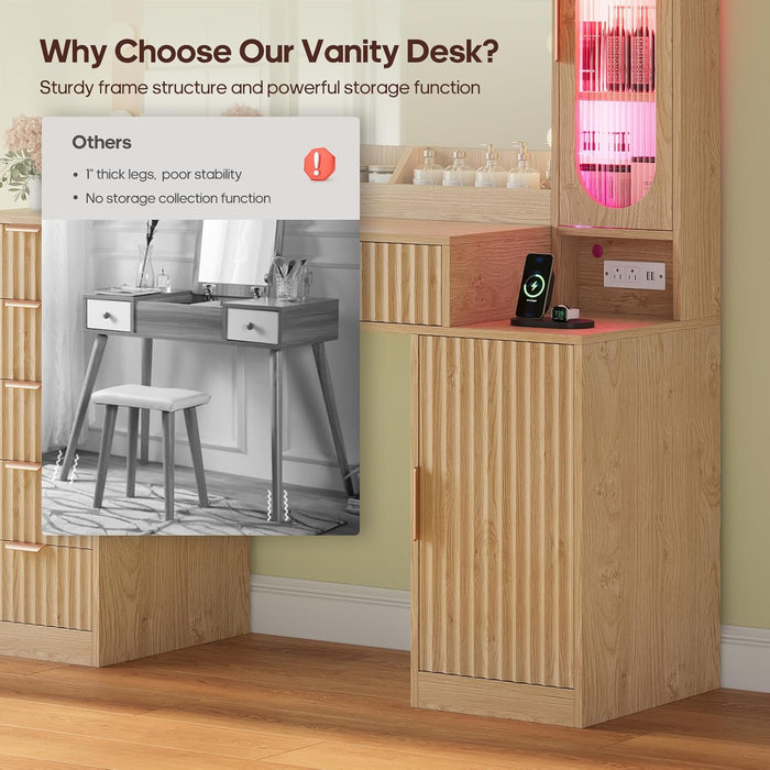 Fluted Makeup Vanity Desk with Large 31.5" Mirror and Lights, 46.1" Wood Vanity with Charging Station & RGB Lights, Dressing Table with 6 Drawers & Cabinet & Shelves, Oak