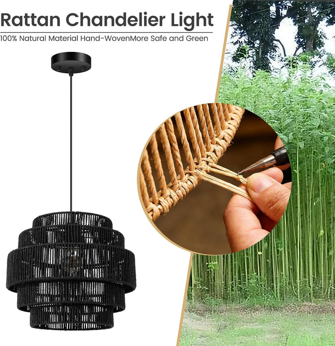 Black Boho Rattan Chandelier With Handwoven Shades
