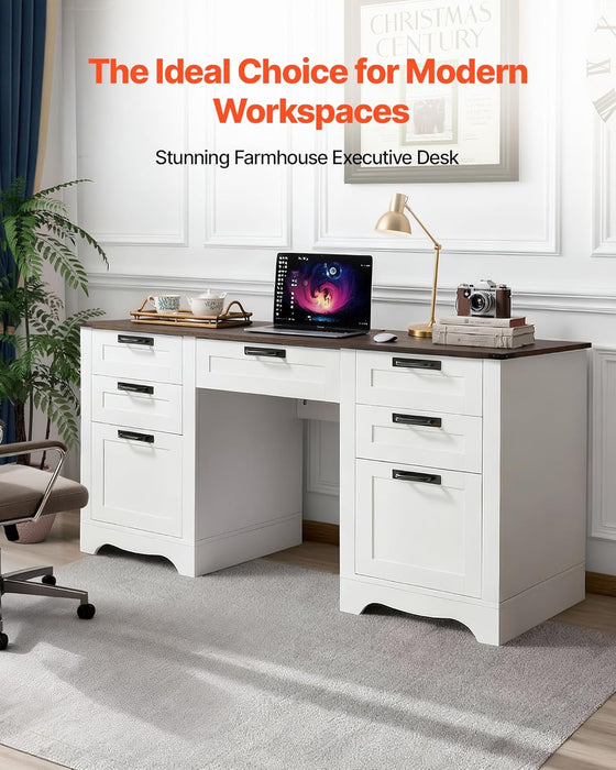 60" Executive Desk with Drawers, Farmhouse Home Office Desk with Charge Station, Keyboard Tray, File Storage Cabinet, 200 LBS Load Capacity Wood Table, Easy Assembly, for Work Study, Walnut