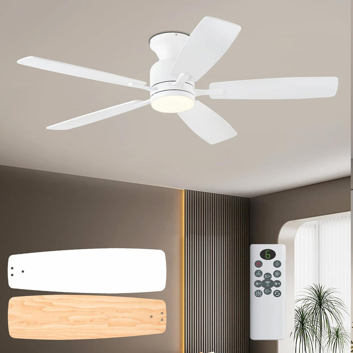 52 Inch Ceiling Fans with Lights，Flush Mount Ceiling Fan with Remote/App Control, 3CCT Dimmable, Double-Sided Blades, Reversible Motor, Low Profile Ceiling Fans for Living Room Bedroom（White）