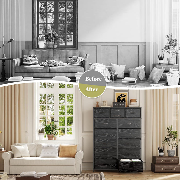 Black Dresser with 10+4 Storage Drawers, Chest of Drawers, Sturdy Metal Frame & Wood Top, Bedroom, Hallway, Closets, Living Room, 52.2" H X 37.4" W X 11.8" D
