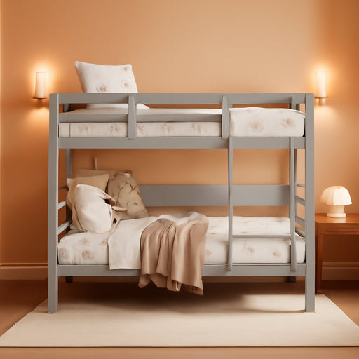 Bunk Bed Twin over Twin, Solid Wood Bunk Bed with Sturdy Ladder & 12 Inch Safety Guard Rails, Twin Size Wood Bed Frame for Dormitory, No Box Spring Needed, Bunk Beds for Kids Teens,Grey