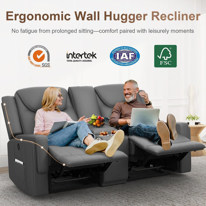 Loveseat Recliner Sofa, Gray PU Leather Double Recliner Loveseat with Console, Cup Holders, Storage & USB Ports, Ergonomics， Manual Reclining Sofa Couch for Living Room, RV
