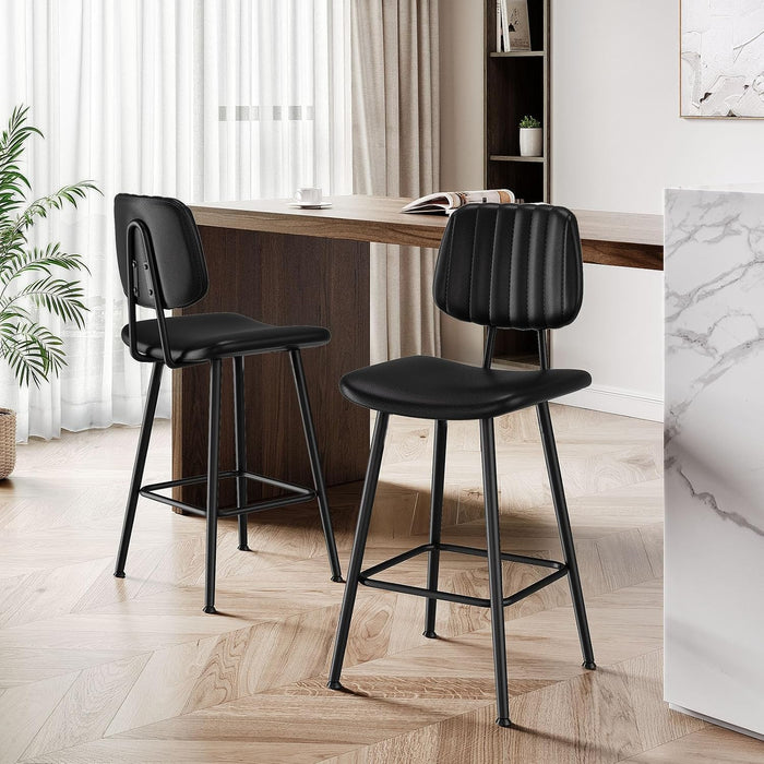 24-Inch Leather Bar Stools Set of 3 with High Backrest, Black | Faux Leather, Counter Height Barstools, Heavy Duty Metal Legs, with Footrest, for Kitchen Island