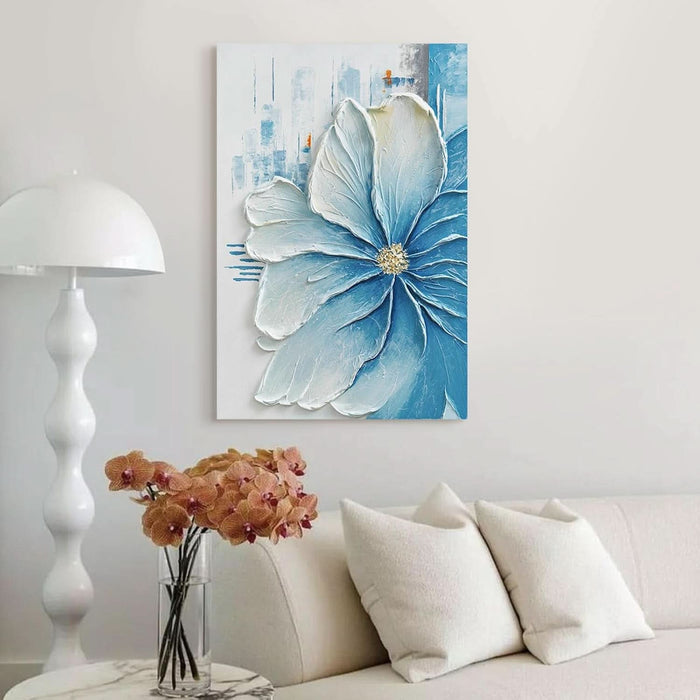 Hand-Painted Blue Floral Canvas Wall Art, 24X36 in Thick Textured Abstract Oil Painting, Vertical Modern Artwork for Living Room, Bedroom, Office, Large Original Wall Decor