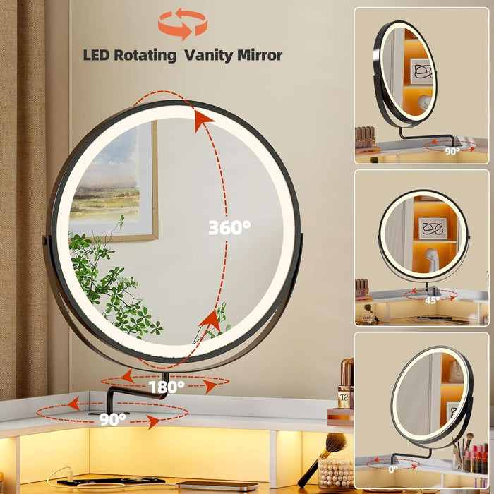 Corner Vanity Desk with Rotating Mirror and Lights,Glass Top Makeup Vanity with Human Body Senor&Charging Station,Led Vanity Table Set with 5 Drawers and Shelves for Bedroom
