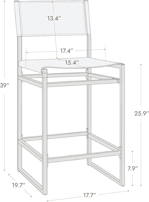 Faux Leather Counter Height Bar Stools Set of 2, Sling Armless Kitchen Barstools with Back and Metal Frame, 24" H Seat Height Counter Chairs, Grey