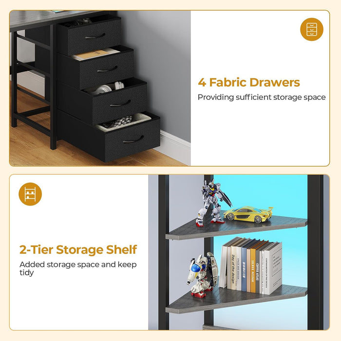 Twin over Full Bunk Bed with Desk, Bunk Beds Twin over Full Size with Charging Station & Led Lights, Storage Drawers & Shelves, Loft Bed with Safety Guardrail & Ladder for Kids/Teens, Grey