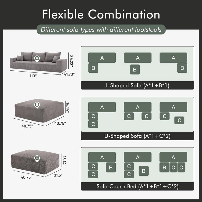 Gray 113Inch Modular Upholstered Sectional Sofa Sleeper