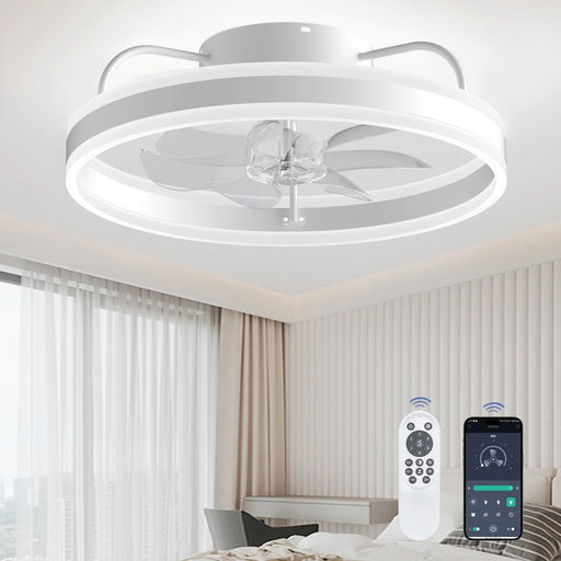 Ceiling Fan with Light, Remote & APP Control, 20" Low Profile Ceiling Fan with Quiet DC Motor-Flush Mount Fan Light, Dimmable LED Bladeless Ceiling Fans for Indoor/Living Room