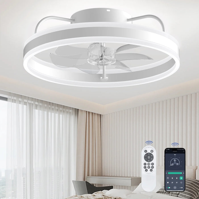 Ceiling Fan with Light, Remote & APP Control, 20" Low Profile Ceiling Fan with Quiet DC Motor-Flush Mount Fan Light, Dimmable LED Bladeless Ceiling Fans for Indoor/Living Room