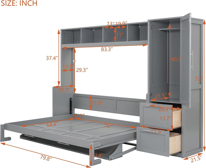 FullSize Murphy Wall Bed BuiltInCloset Drawers Gray