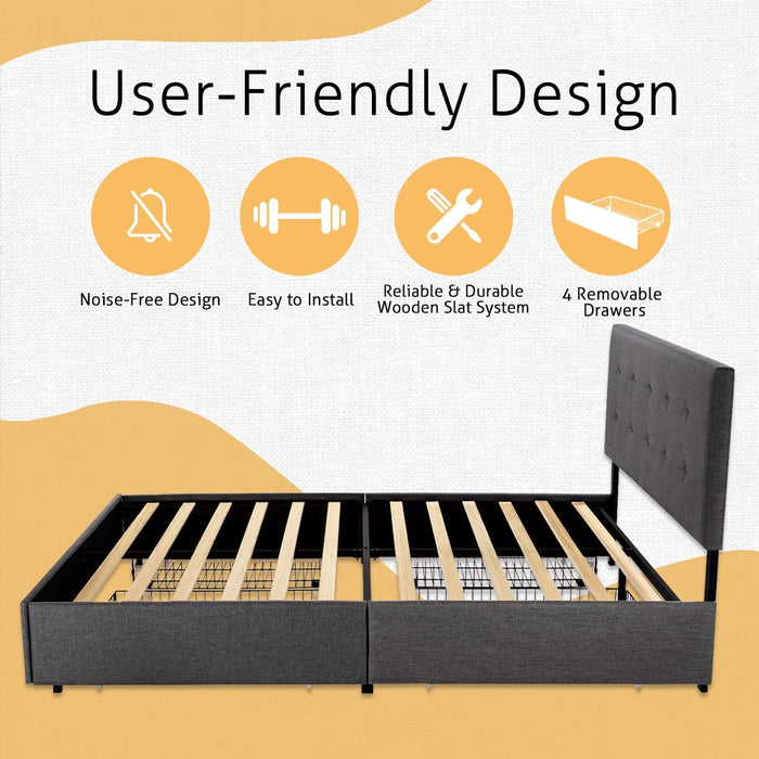 Upholstered Queen Size Platform Bed Frame with 4 Storage Drawers, Adjustable Headboard with Square Stitched Button Tufted Design, Wooden Slat Support, No Box Spring Needed, Dark Grey