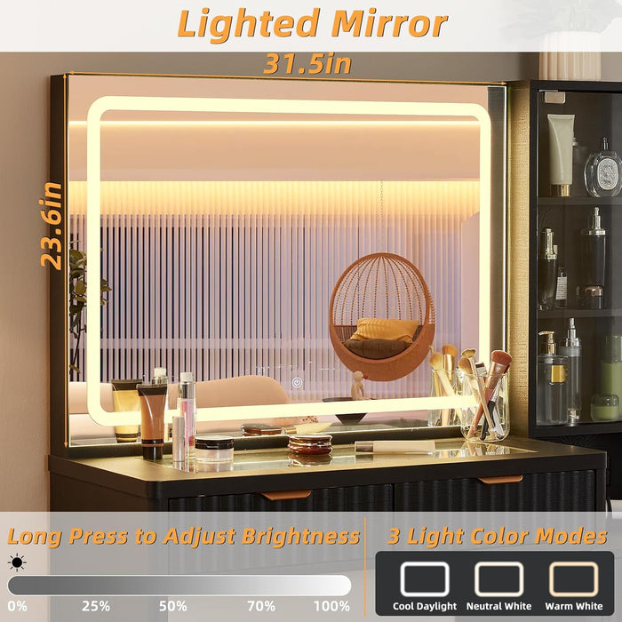 Black Vanity Desk with Mirror and Lights with Stool, 43.5'' Fluted Makeup Vanity with 6 Drawers and Adjustable Shelves,Wood Make up Vanity Set with Glass Top and Power Outlet for Bedroom