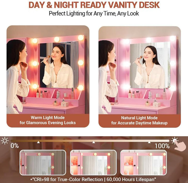 Makeup Vanity Desk with Mirror and Lights, Vanity Table with Charging Station, 2 Open Compartments, 2 Acrylic-Door Cabinets, and RGB Lights Wood Dressing Table for Bedroom