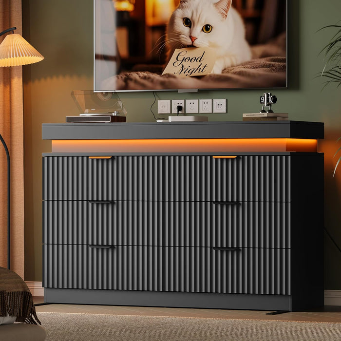47" Wide Dresser for Bedroom with 6 Drawer & Charging Station, Black