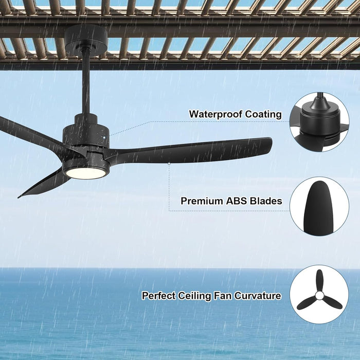 48" Outdoor Ceiling Fans with Lights, Wet Rated Waterproof Indoor Ceiling Fan with Remote, 3 ABS Blades Modern Ceiling Fan, 3CCT, Quiet 6-Speed DC Motor, for Porch Patio Bathroom, Black