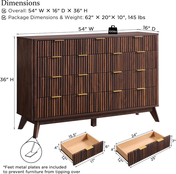 54" Wide Fluted 9 Drawer Dresser for Bedroom, Dark Walnut