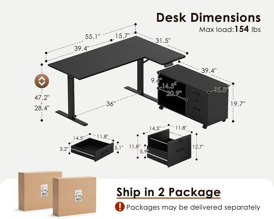 55" L Shaped Standing Desk with Cabinet Sets, Carbon Fiber Black