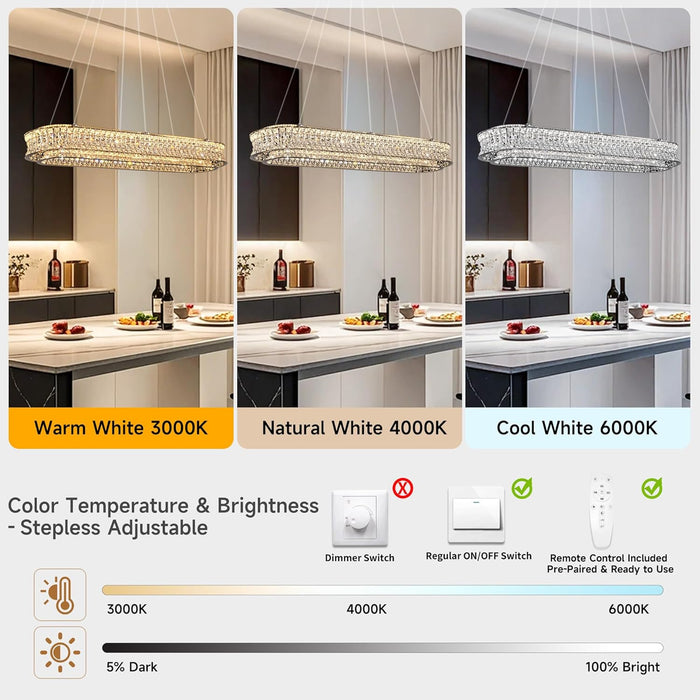 47" LED Rectangle Chrome Crystal Chandeliers for Dining Room, Rectangular Modern Crystal Oval Kitchen Chandelier, Dimmable LED Light Fixture with Remote, for Dining Room, Kitchen Island, Bar