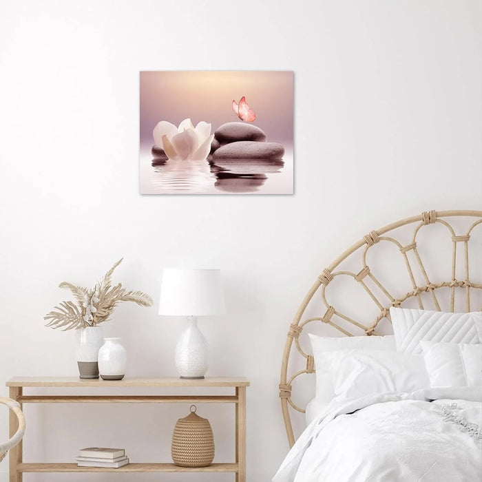 Zen Stone Canvas Wall Art White Flower and Pink Butterfly on Lake Wall Art for Bathroom Living Room Bedroom Modern Spiritual Yoga Spa Picture Wall Decor Framed Bedroom Wall Art,16X12 Inches