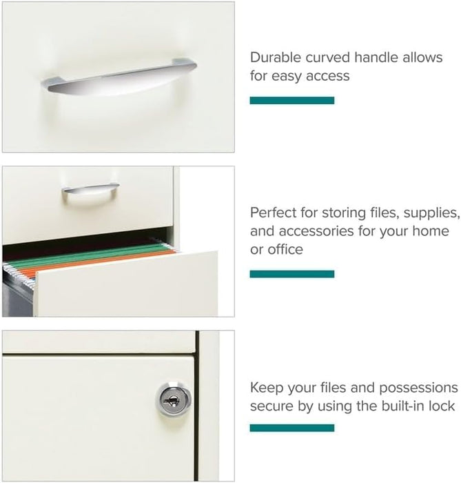 3-Drawer Metal Filing Cabinet, 27.32" H X 14.25" W X 18.00" D, Pearl White Finish, Locking Storage with Letter-Size File Drawers, Non-Porous Painted Steel for Home or Office