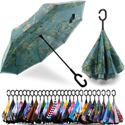 49/56 Inch Inverted Reverse Upside down Umbrella, Extra Large Double Canopy Vented Windproof Waterproof Stick Golf Umbrellas with C-Shape Handle.