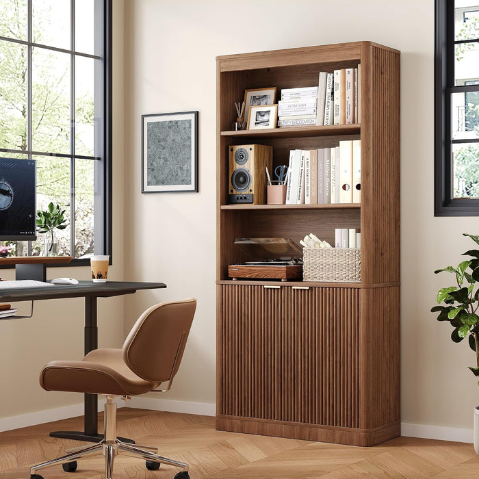 72'' Tall Bookshelf with Doors, 5-Tier Wooden Storage Bookcase with Fluted Doors & Side Panels, Adjustable Shelf, Gold Handles for Living Room, Bedroom, Home Office, Dark Walnut