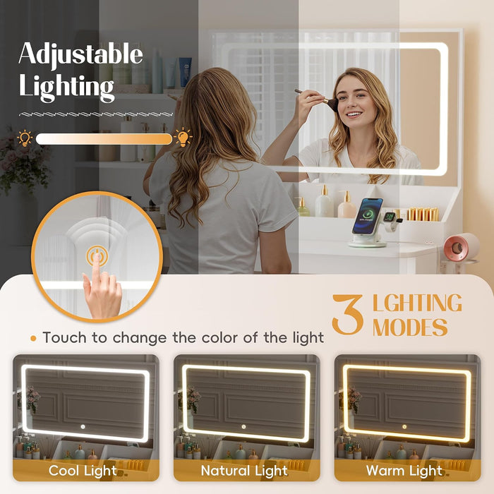 Vanity Desk with Lights and Mirror, L Shaped Makeup Table, with Hairdryer Holder and Fast Charging, Adjustable 3 Lighting Modes, 5 Drawers and Adjustabled Open Storage Shelves, White