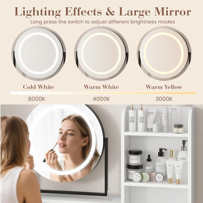 Vanity Desk with Rotating Mirror & Adjustable Light, Makeup Dressing Table with Power Outlet, 2 Drawers & Shelves, Includes Stool for Bedroom, White & Black