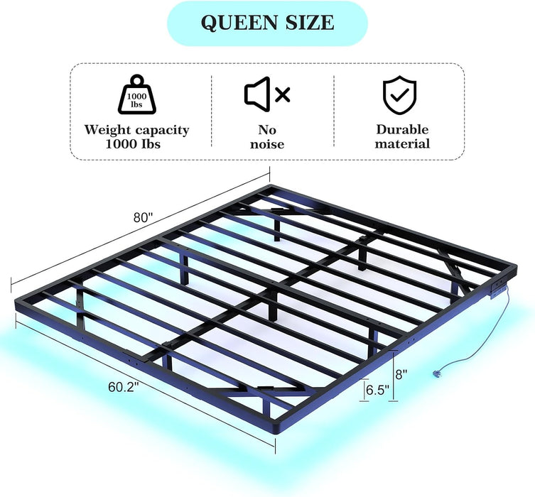 Floating Bed Frame Queen Size with Smart LED Lights & Charging Station