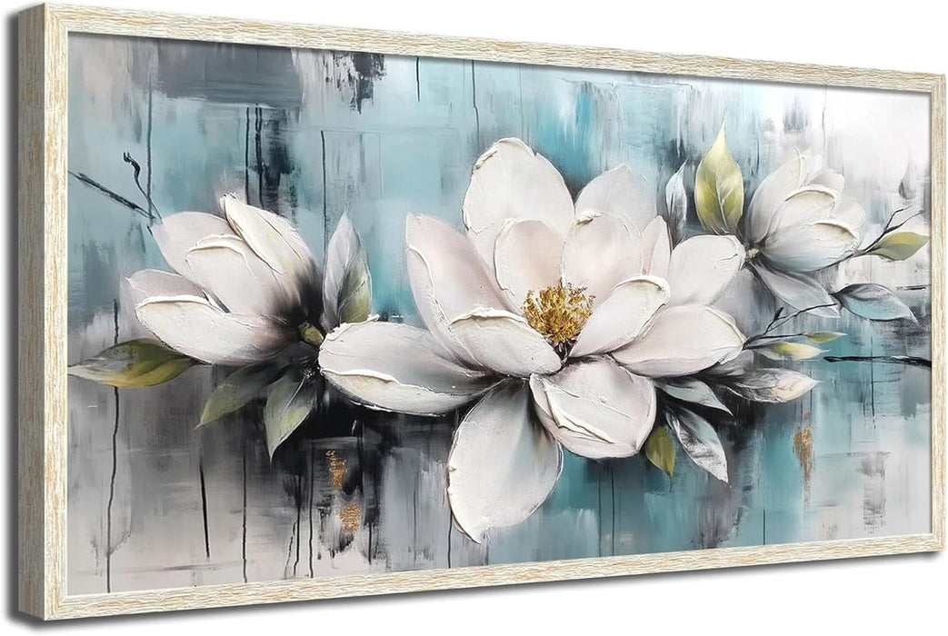 Magnolia Wall Art Framed Canvas Wall Decor Living Room, White Floral Picture Wall Decor Teal Painting Flower Textured Large Artwork for Bedroom Dining Room Home Office 48"X24"