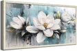 Magnolia Wall Art Framed Canvas Wall Decor Living Room, White Floral Picture Wall Decor Teal Painting Flower Textured Large Artwork for Bedroom Dining Room Home Office 48"X24"