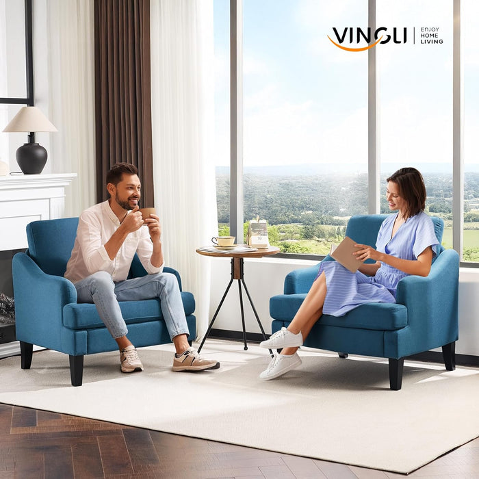 Linen Fabric Accent Chairs Set of 2, Navy Blue Modern Upholstered Armchair, Comfy Sofa Chair Living Room Bedroom Furniture for Apartment