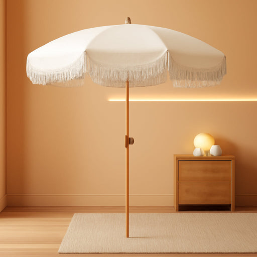 6.5Ft Patio Umbrella with Fringe, Beach Umbrella, Fringe Umbrella Outdoor Patio with Hanging Hook, Tilting Aluminum Pole, UV 50+, Fiberglass Ribs, Elegant Cream