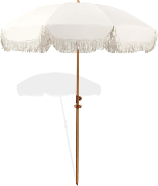 6.5Ft Patio Umbrella with Fringe, Beach Umbrella, Fringe Umbrella Outdoor Patio with Hanging Hook, Tilting Aluminum Pole, UV 50+, Fiberglass Ribs, Elegant Cream