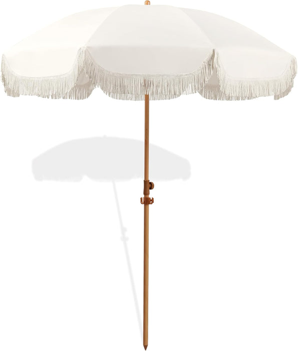6.5Ft Patio Umbrella with Fringe, Beach Umbrella, Fringe Umbrella Outdoor Patio with Hanging Hook, Tilting Aluminum Pole, UV 50+, Fiberglass Ribs, Elegant Cream