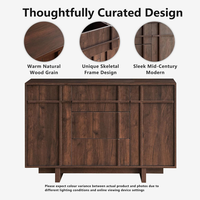 47.2" Buffet Cabinet with Storage, Skeleton Line Design, Walnut | Sideboard with Drawers, Mid Century Modern Accent Cabinet with Wood Gain, Console Cabinets for Living Dining Room Entryway