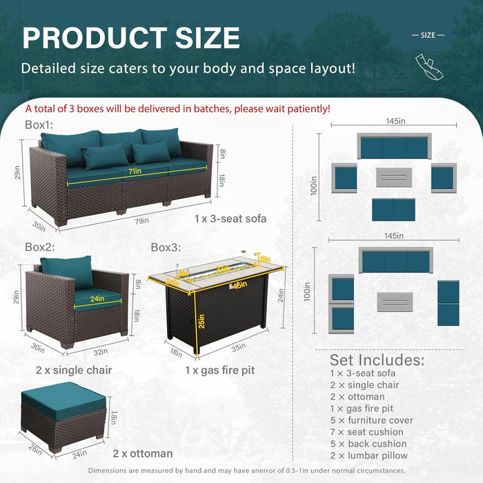 Patio Furniture Set 6-Piece Outdoor Furniture Set with 45'' Propane Gas Fire Pit Table Outdoor Conversation Set Wicker Sofa Set Non-Slip Cushions Waterproof Covers, Peacock Blue