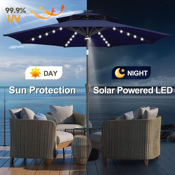 Solar Patio Umbrella with Centre Light, 9FT 2 Tiers, Navy Blue