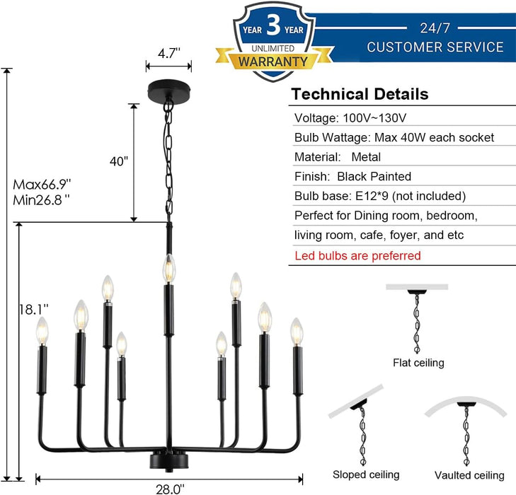 Black Chandelier, Modern Farmhouse Chandeliers for Dining Room 9-Lights Candle Pendant Lights Kitchen Island Rustic Industrial Black Metal Hanging Light Fixtures for Living Room Bedroom Entryway