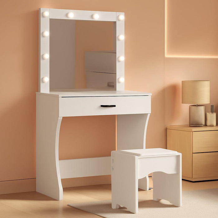 Vanity Desk with Mirror and Lights, Vanity Set Makeup Vanity Table with Adjustable Lights One Drawer Storage Makeup Table with Stool Vanity Desk for Bedroom (White)
