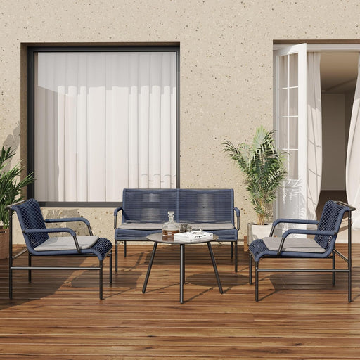4 Piece Patio Furniture Set, Outdoor Furniture with PE Wicker Rattan Chairs and Coffee Table, Modern Patio Conversation Set with Soft Pad for Garden, Backyard and Porch, Navy Blue