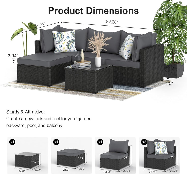 Patio Furniture Set, 5PCS Outdoor Conversation Sets Waterproof Rattan Sectional Sofa with 4” Thickened Cushion Modular Wicker Patio Furniture Set with Glass Top Table for Balcony, Backyard (Grey)